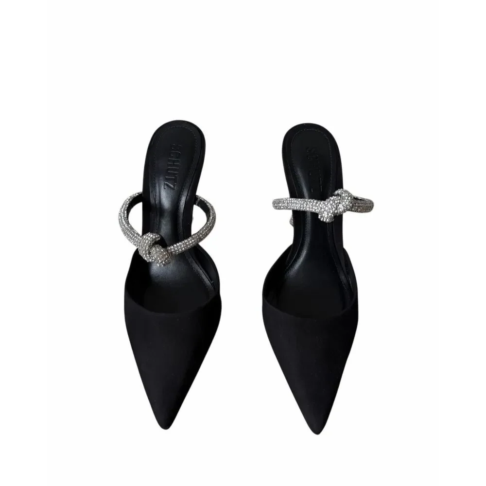 SCHUTZ Pearl Glam Pin Pump Heel Embellished Knot Pointed Toe‎ Black 6.5